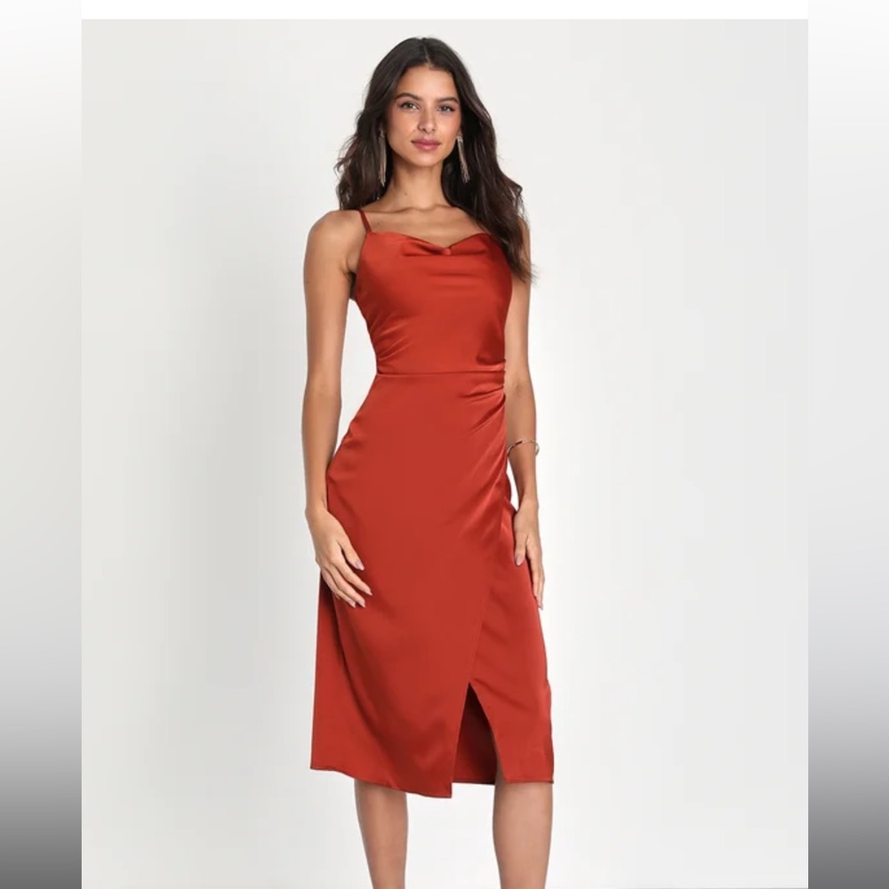 Lulu’s Hollywood Bronze Satin Midi Dress